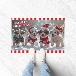 Snow Much Fun Puppies Playing in Snow Christmas Doormat