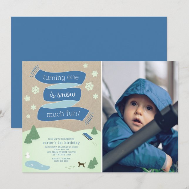 Snow Much Fun Winter Scene with Photo 1st Birthday Invitation (Front/Back)