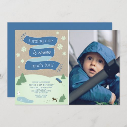 Snow Much Fun Winter Scene with Photo 1st Birthday Invitation