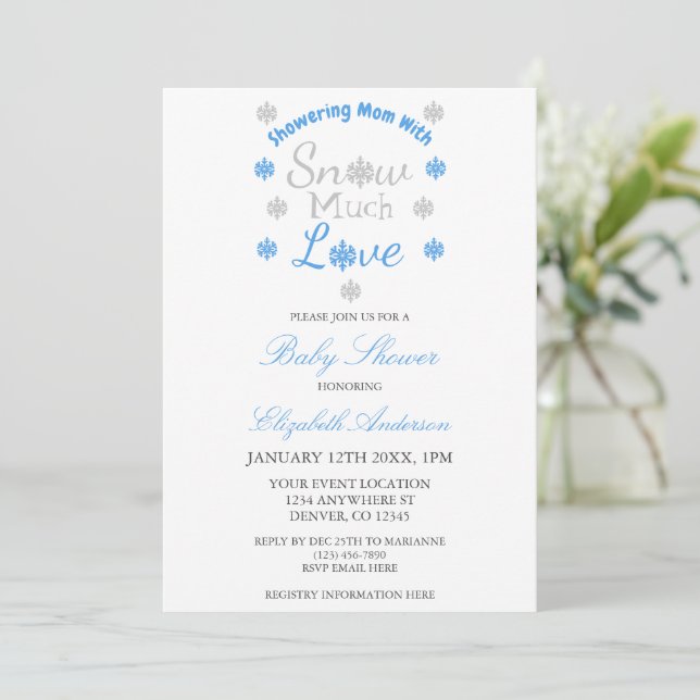 Snow Much Love Winter Snowflake Baby Shower Invitation (Standing Front)