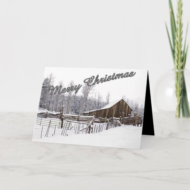 Snow On A Rustic Countryside Barn Photo Custom Holiday Card (Front)