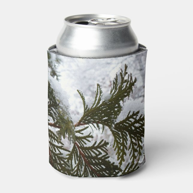 Snow on Evergreen Branches Can Cooler (Can Front)