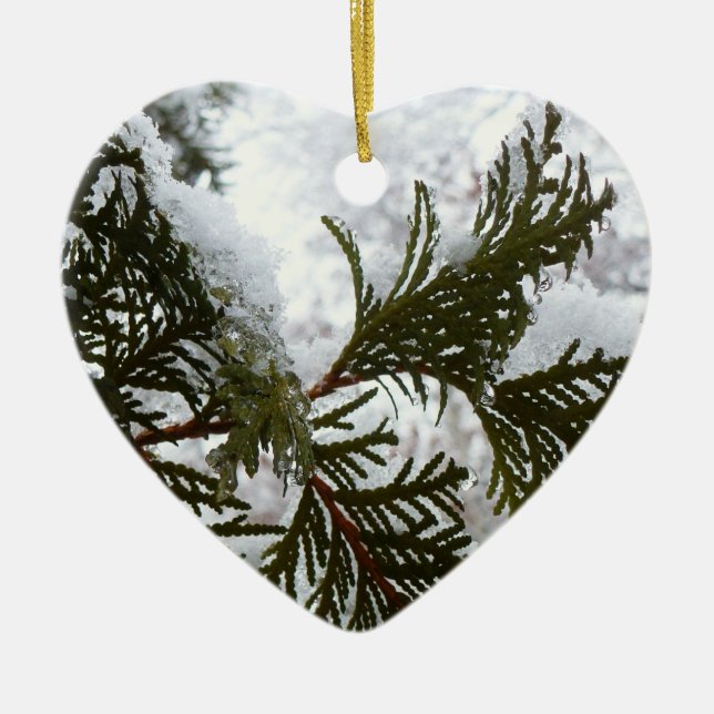 Snow on Evergreen Branches Ceramic Ornament (Front)