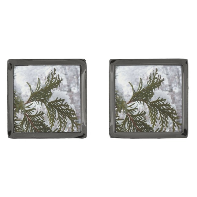 Snow on Evergreen Branches Cufflinks (Front)