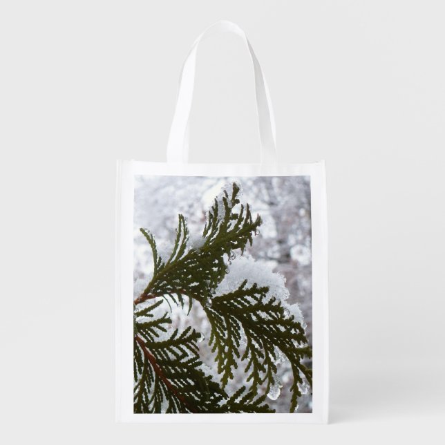 Snow on Evergreen Branches Grocery Bag (Front)