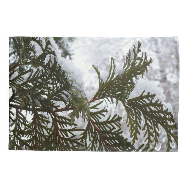 Snow on Evergreen Branches Pillow Case (Back)