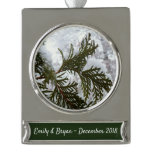Snow on Evergreen Branches Silver Plated Banner Ornament