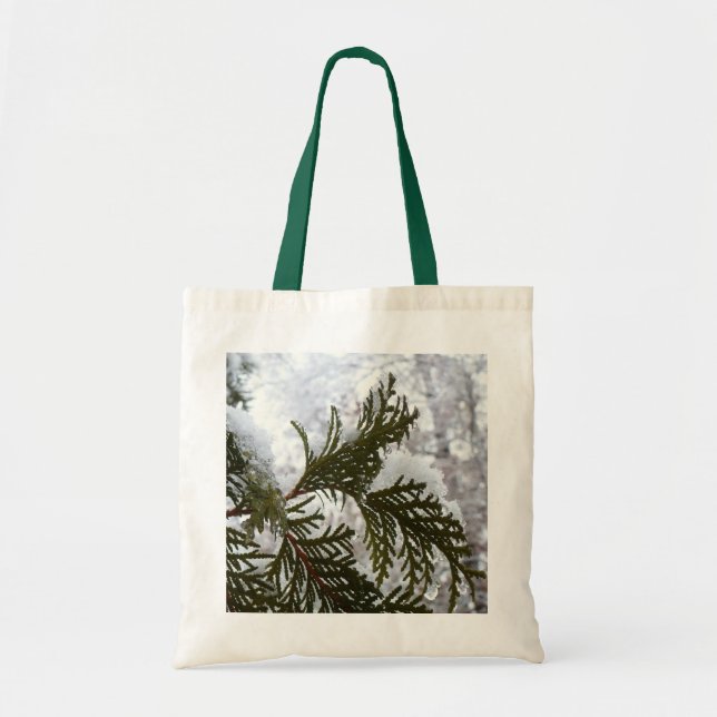 Snow on Evergreen Branches Tote Bag (Front)