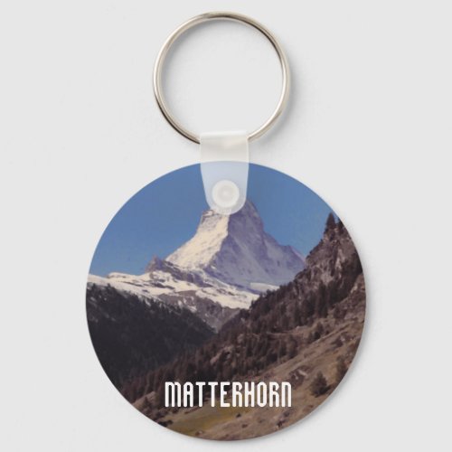 Snow on Matterhorn Blue Sky Alpine Forest Keyring