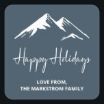 Snow On Mountain Blue Christmas Holidays Square Sticker<br><div class="desc">Add these beautiful rustic snow capped mountain Happy Holiday personalized stickers to your Christmas gifts and wait for the smiles! Matching photo cards and party supplies available.</div>