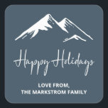 Snow On Mountain Blue Christmas Holidays Square Sticker<br><div class="desc">Add these beautiful rustic snow capped mountain Happy Holiday personalized stickers to your Christmas gifts and wait for the smiles! Matching photo cards and party supplies available.</div>