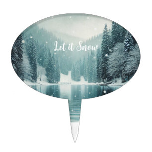 Snow on the winter, mountain lake cake topper