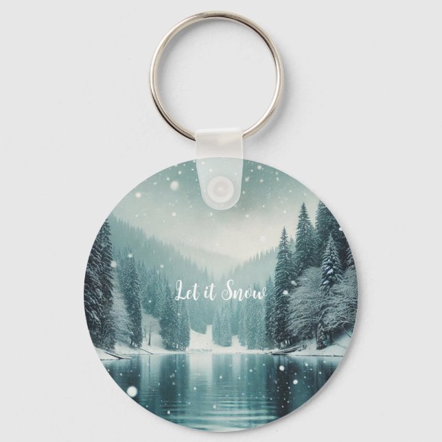 Snow on the winter, mountain lake keychain (Front)