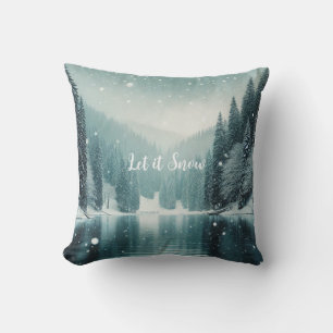 Snow on the winter, mountain lake throw pillow