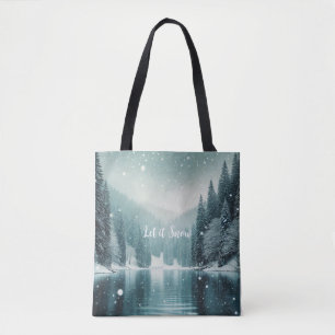 Snow on the winter, mountain lake tote bag