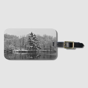 Snow Over Lake Winter Wonderland, Black and White Luggage Tag