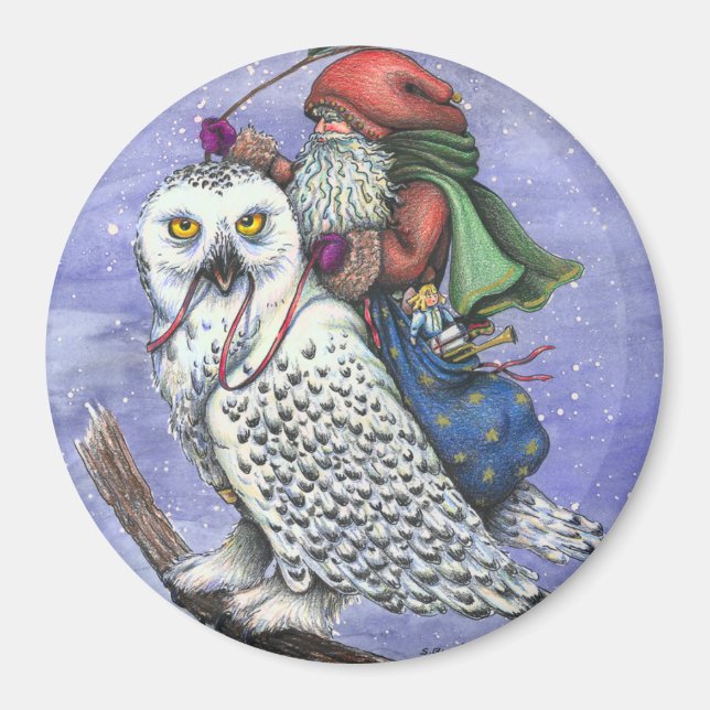 Snow Owl And Santa CHRISTMAS MAGNET Fantasy (Front)