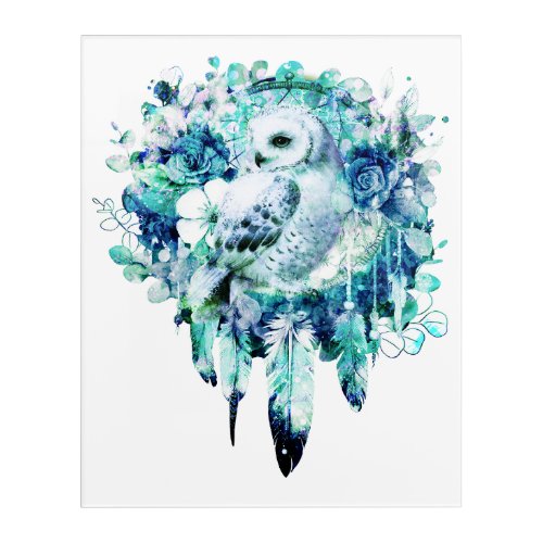 Snow Owl Dreamcatcher Green and Teal Blue Floral Acrylic Print