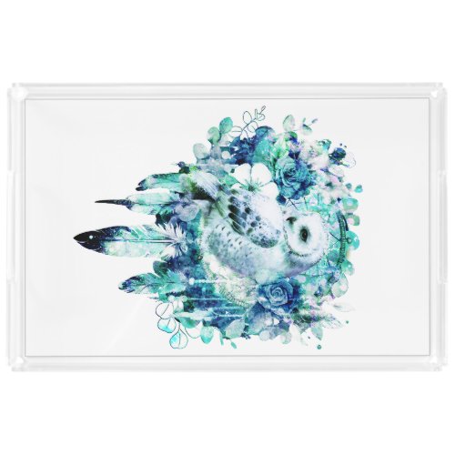 Snow Owl Dreamcatcher Green and Teal Blue Floral Acrylic Tray