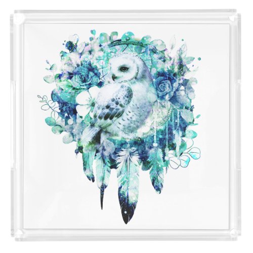 Snow Owl Dreamcatcher Green and Teal Blue Floral Acrylic Tray
