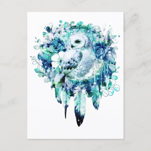 Snow Owl Dreamcatcher Green and Teal Blue Floral Announcement Postcard