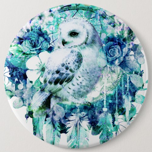 Snow Owl Dreamcatcher Green and Teal Blue Floral Button