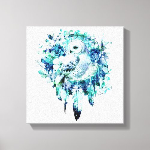 Snow Owl Dreamcatcher Green and Teal Blue Floral Canvas Print