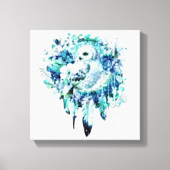 Snow Owl Dreamcatcher Green and Teal Blue Floral Canvas Print (Front)