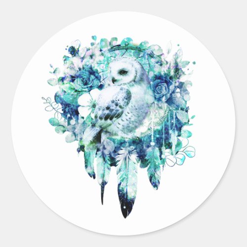 Snow Owl Dreamcatcher Green and Teal Blue Floral Classic Round Sticker