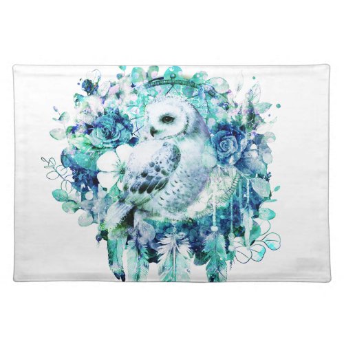 Snow Owl Dreamcatcher Green and Teal Blue Floral Cloth Placemat