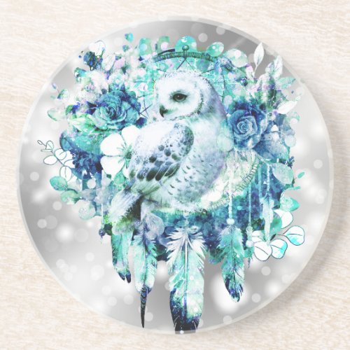 Snow Owl Dreamcatcher Green and Teal Blue Floral Coaster