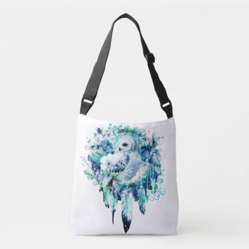 Snow Owl Dreamcatcher Green and Teal Blue Floral Crossbody Bag