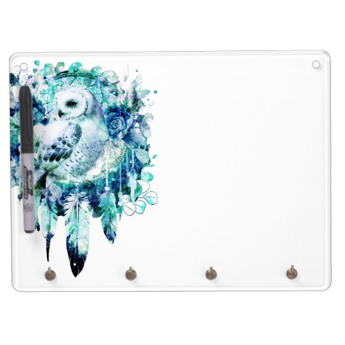 Snow Owl Dreamcatcher Green and Teal Blue Floral Dry Erase Board With Keychain Holder