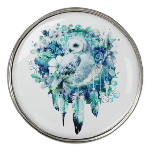 Snow Owl Dreamcatcher Green and Teal Blue Floral Golf Ball Marker
