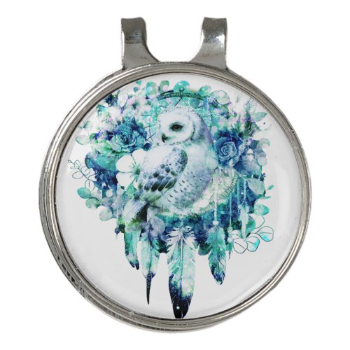 Snow Owl Dreamcatcher Green and Teal Blue Floral Golf Hat Clip