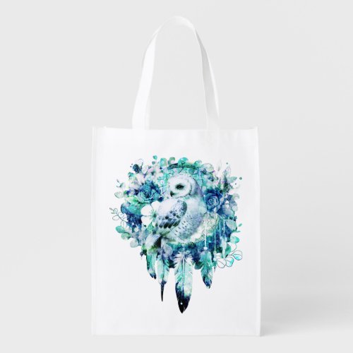 Snow Owl Dreamcatcher Green and Teal Blue Floral Grocery Bag