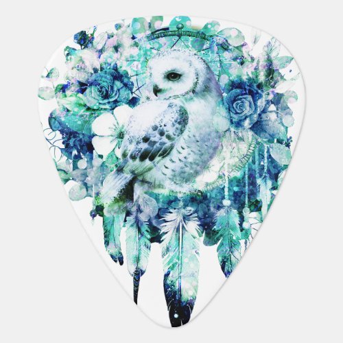Snow Owl Dreamcatcher Green and Teal Blue Floral Guitar Pick