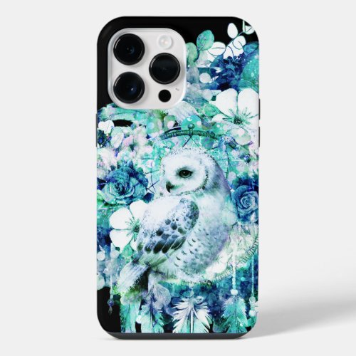 Snow Owl Dreamcatcher Green and Teal Blue Floral iPhone 14 Pro Max Case