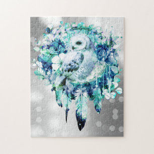 Snow Owl Dreamcatcher Green and Teal Blue Floral Jigsaw Puzzle