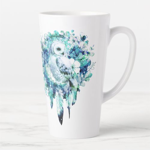 Snow Owl Dreamcatcher Green and Teal Blue Floral Latte Mug