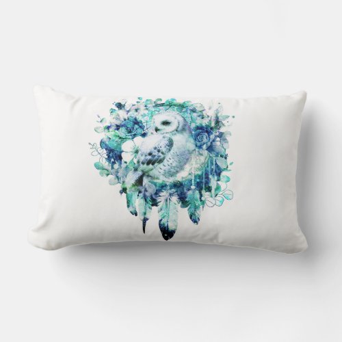 Snow Owl Dreamcatcher Green and Teal Blue Floral Lumbar Pillow