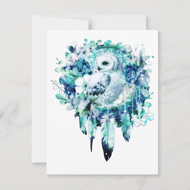 Snow Owl Dreamcatcher Green and Teal Blue Floral Note Card (Front)