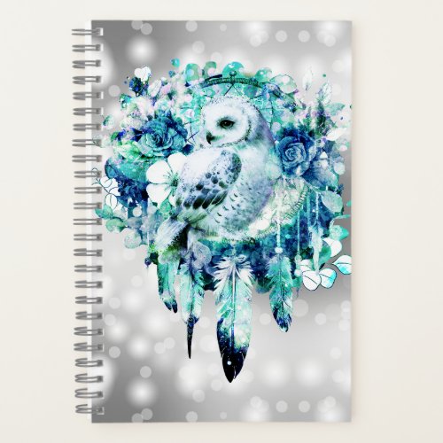 Snow Owl Dreamcatcher Green and Teal Blue Floral Notebook
