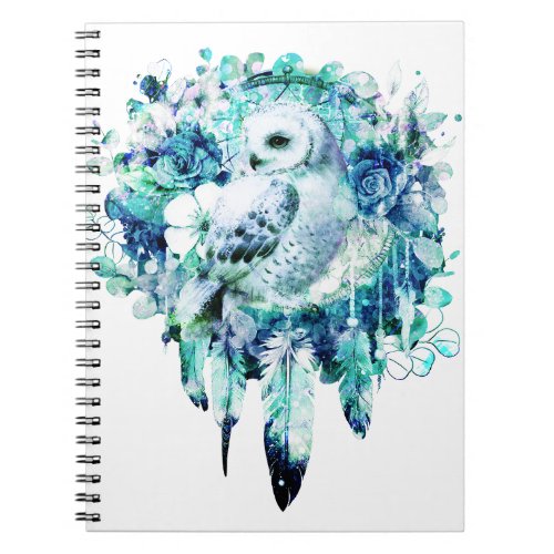 Snow Owl Dreamcatcher Green and Teal Blue Floral Notebook