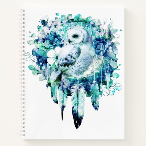 Snow Owl Dreamcatcher Green and Teal Blue Floral Notebook