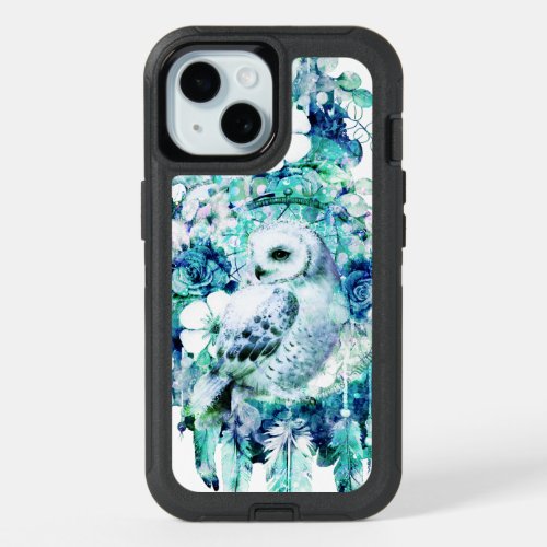 Snow Owl Dreamcatcher Green and Teal Blue Floral iPhone 15 Case