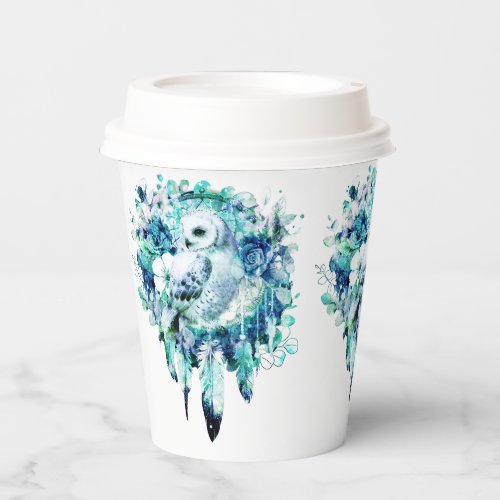 Snow Owl Dreamcatcher Green and Teal Blue Floral Paper Cups