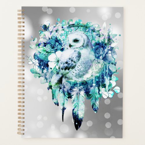 Snow Owl Dreamcatcher Green and Teal Blue Floral Planner