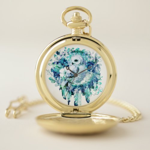 Snow Owl Dreamcatcher Green and Teal Blue Floral Pocket Watch