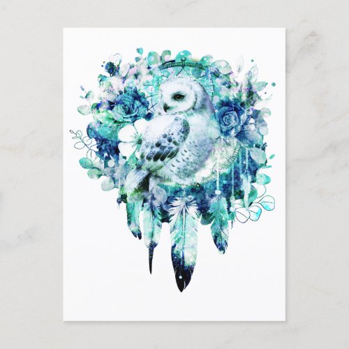 Snow Owl Dreamcatcher Green and Teal Blue Floral Postcard